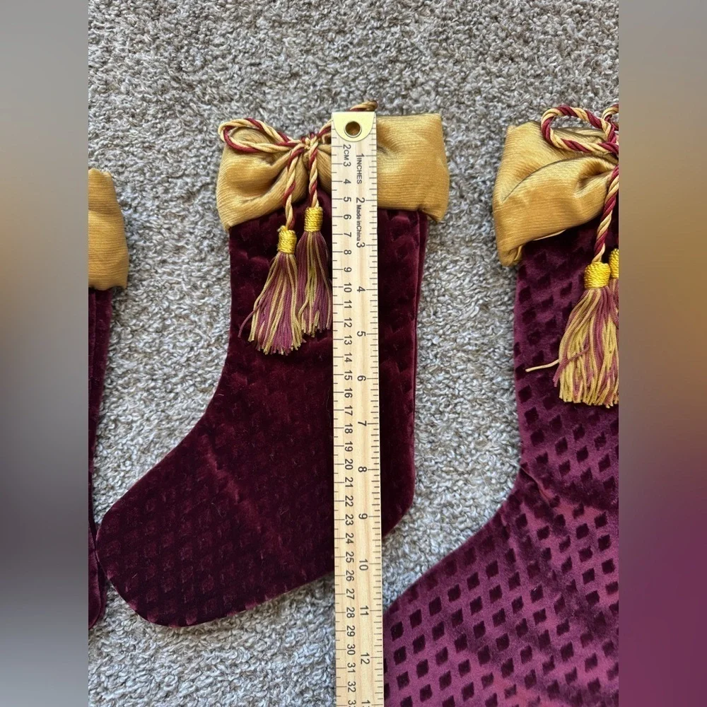 3 Russ Velvet Christmas Stocking Set Luxe Tassels Cording Gold and Burgundy